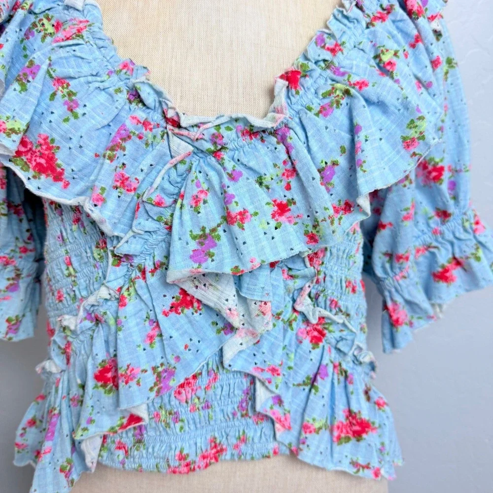 Free People Favorite Girl Floral Ruffle Smocked Top Blue Pink Cotton Size M